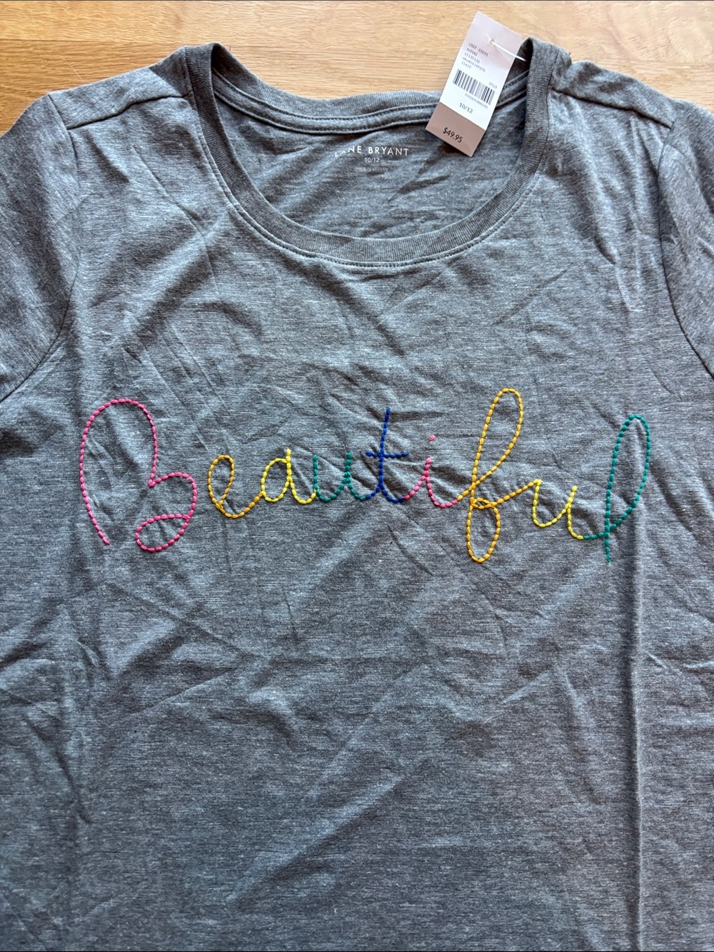 NWT Lane Bryant  “Beautiful” Gray Tee Shirt Womens 10/12 Short Sleeve